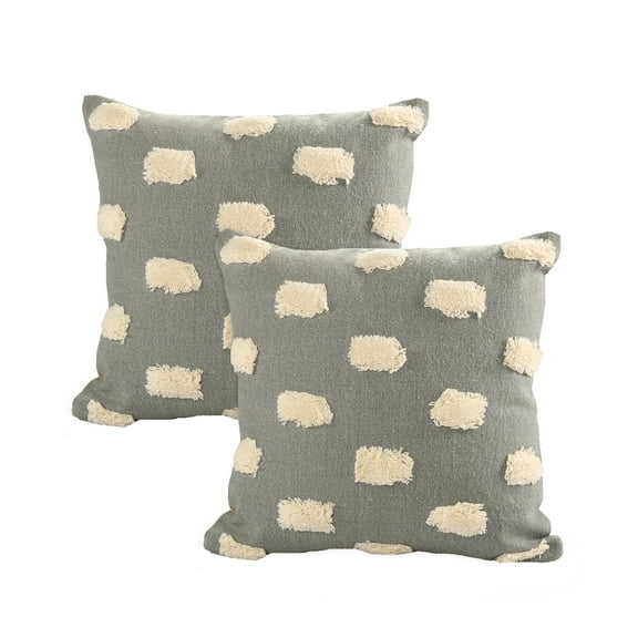 LR Home Zeal Light Gray/White Pom-pom Cotton Throw Pillow, 20" x 20", Set of 2,