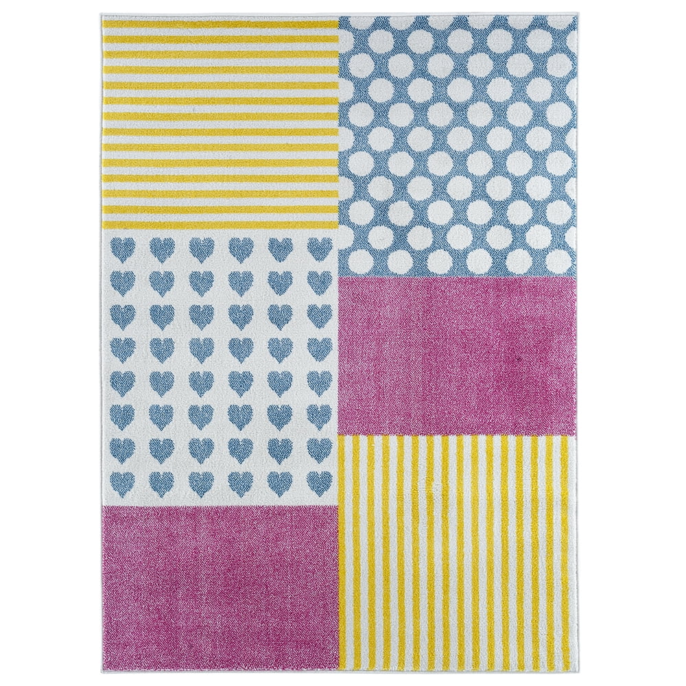 LR Home Ziv 1'10" x 3' Pink/Yellow Patchwork Durable Performance Children’s Indoor Area Rug