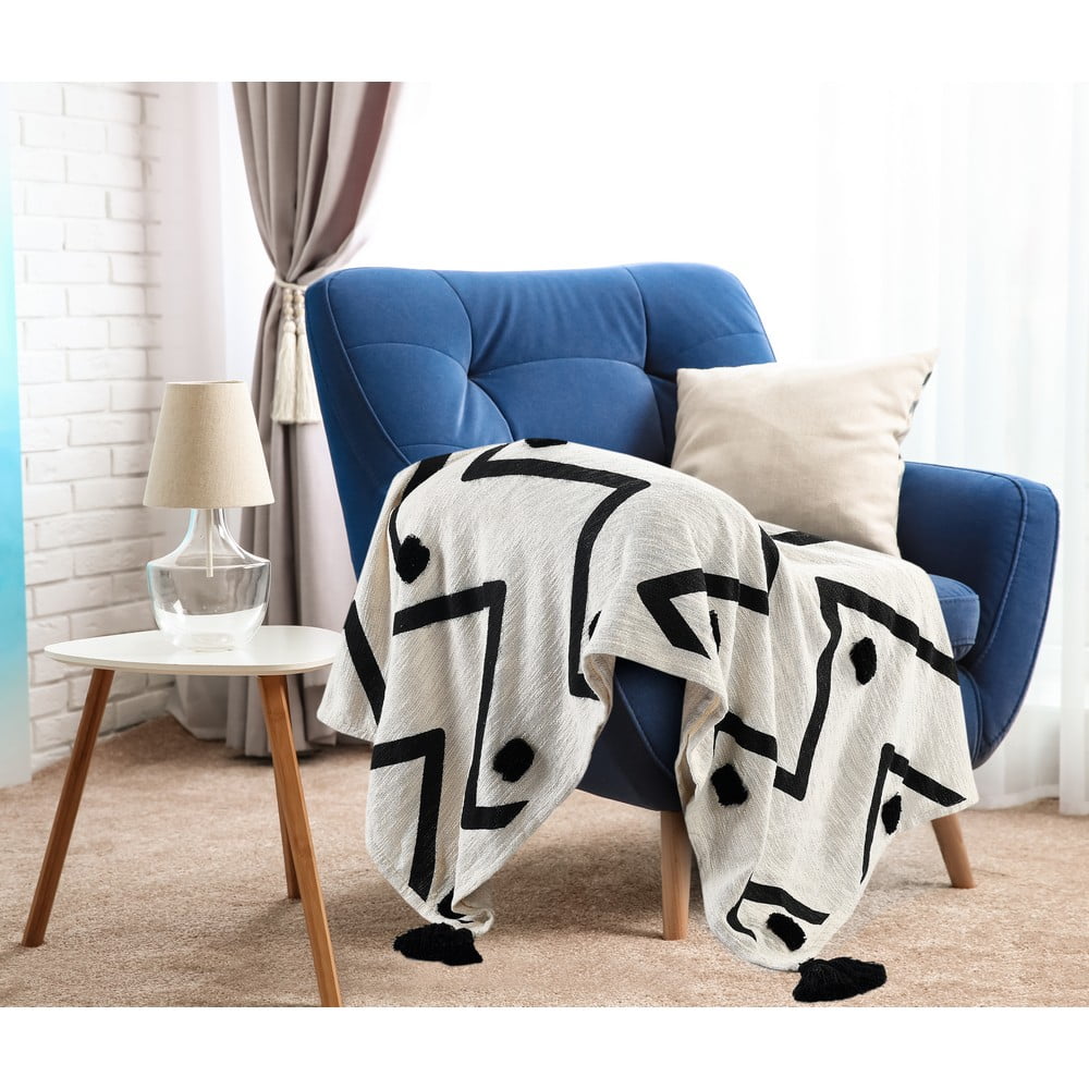 LR Home and Evette Rios Cream and Black Chevron Stripe Cotton Throw Blanket, 50" x 60"
