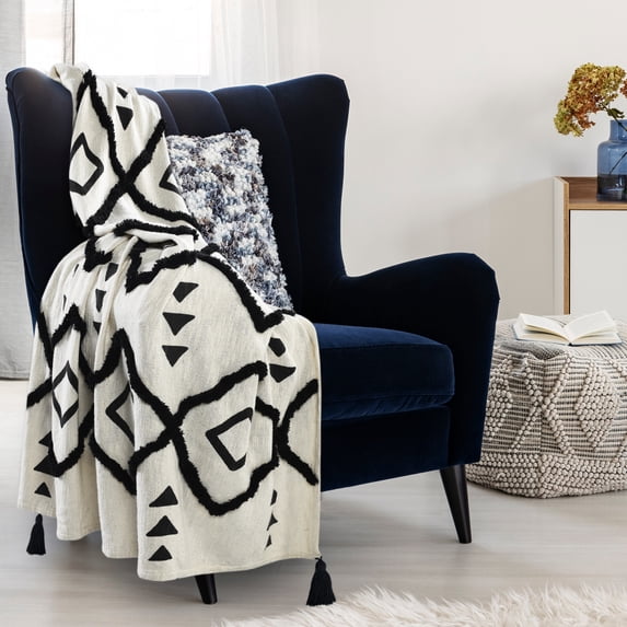 LR Home and Evette Rios Cream and Black Diamond Arrows Cotton Throw Blanket, 50" x 60"
