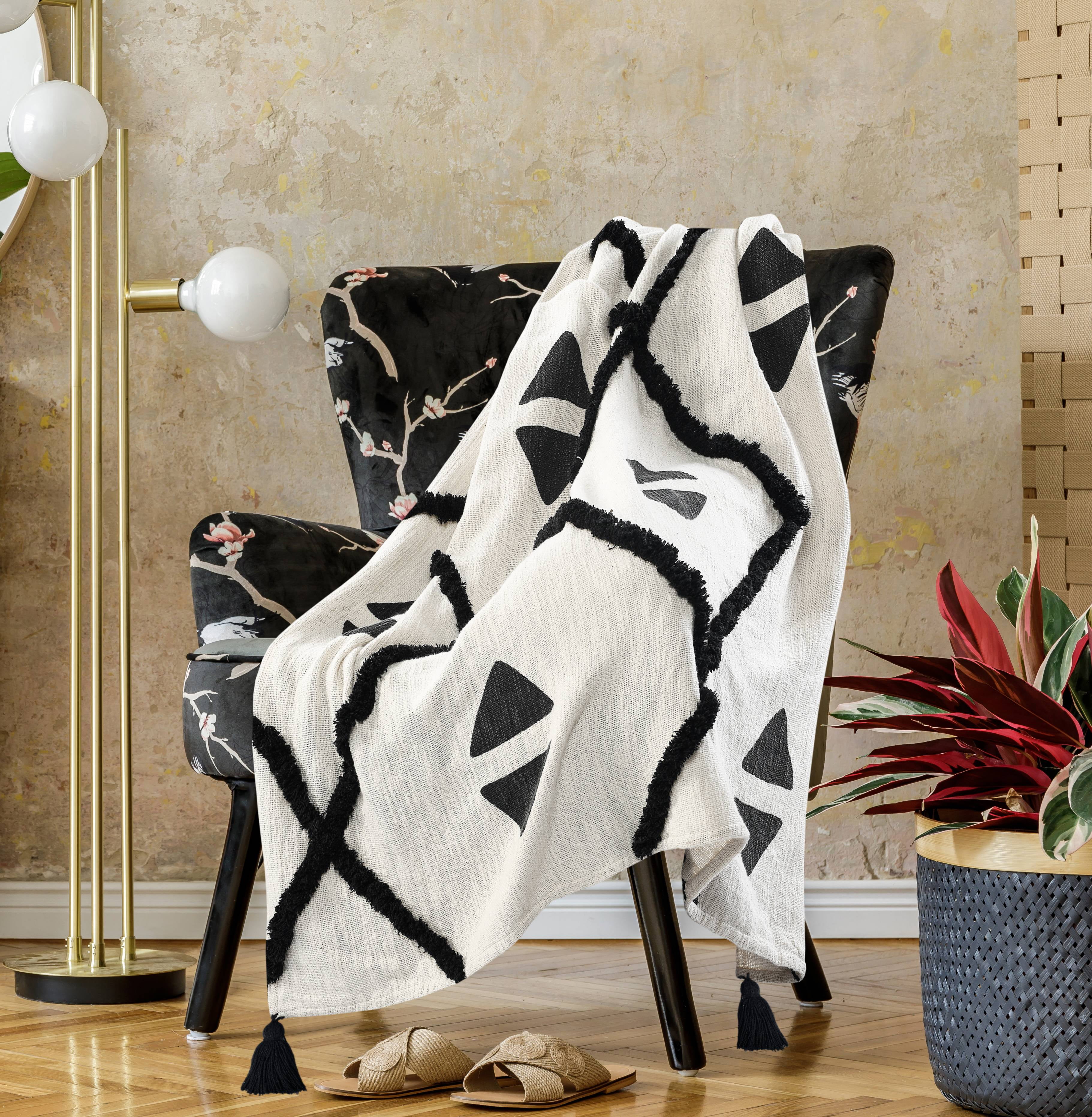 LR Home and Evette Rios Cream and Black Diamond Stripe Cotton Throw Blanket, 50" x 60"