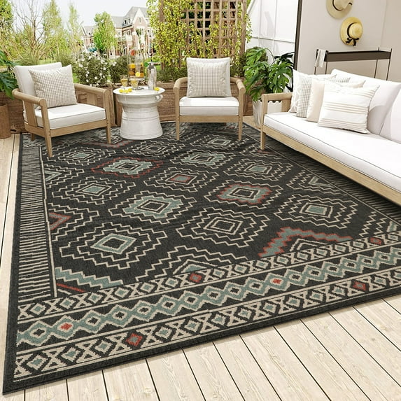 LR Home and Evette Rios Dora 8' x 9'9" Black Geometric Diamond Indoor/Outdoor Area Rug