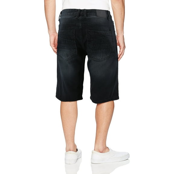 LR Scoop Men's Moto Quilted Distressed Painted Skinny Slim Fit Jean Denim Shorts (Jet Black VS-59, 32)