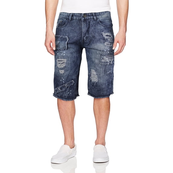LR Scoop Men's Moto Quilted Distressed Painted Skinny Slim Fit Jean Denim Shorts (RPD Medium Blue,34)