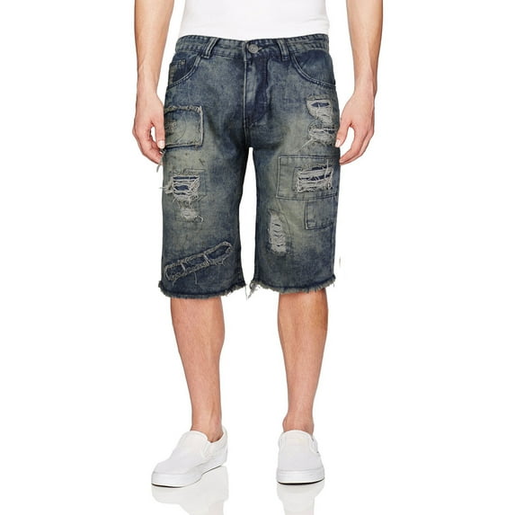 LR Scoop Men's Moto Quilted Distressed Painted Skinny Slim Fit Jean Denim Shorts (Vintage Indigo,38)
