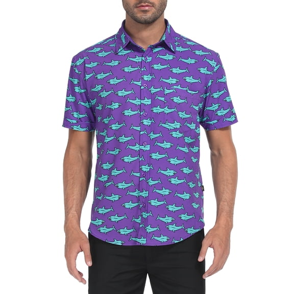 LRD Men's Novelty Casual Button Down Shirt Short Sleeve Hawaiian Dress Shirts Neon Sharks - XXL
