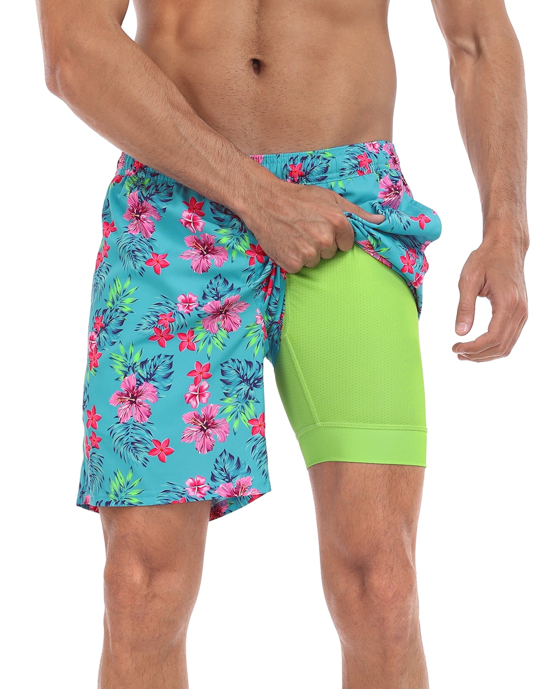LRD Men's Swim Trunks with Compression Liner 7 Inch Inseam Gettin' Tropical / Lime L