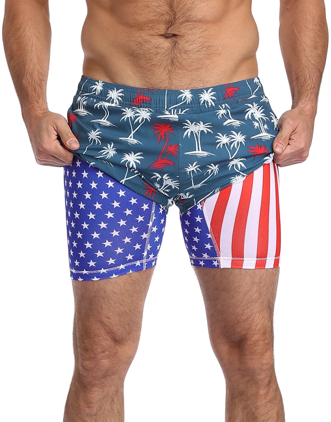 LRD Men's Swim Trunks with Compression Liner 7 Inch Inseam Patriotic Palms S