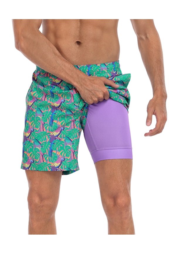 Men's Swim Trunks with Compression Liner 7 Inch Inseam Retro Parrots / Purple M