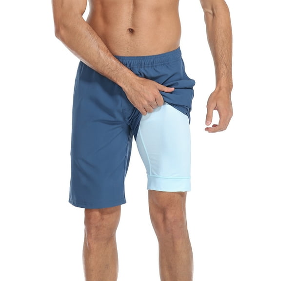 LRD Men's Swim Trunks with Compression Liner 9 Inch Inseam Board Short Blue / Blue XL