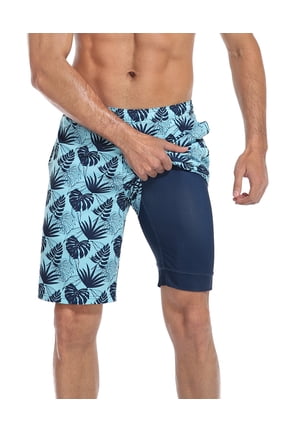 Men's Swim Trunks with Compression Liner 9 Inch Inseam Board Short Palm Leaf / Navy M