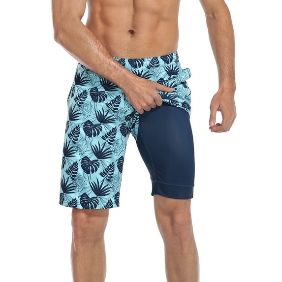 LRD Men's Swim Trunks with Compression Liner 9 Inch Inseam Board Short Palm Leaf / Navy XXL