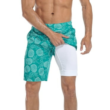 LRD Men's Swim Trunks with Compression Liner 9 Inch Inseam Board Short Pineapples / Green M