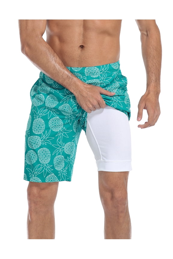 Men's Swim Trunks with Compression Liner 9 Inch Inseam Board Short Pineapples / Green S