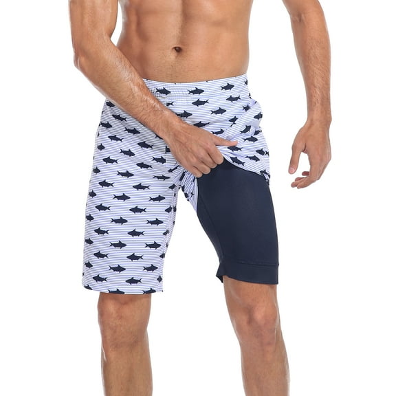LRD Men's Swim Trunks with Compression Liner 9 Inch Inseam Board Short Shark Stripe / Navy M