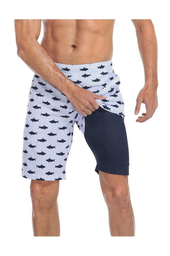 Men's Swim Trunks with Compression Liner 9 Inch Inseam Board Short Shark Stripe / Navy XXL