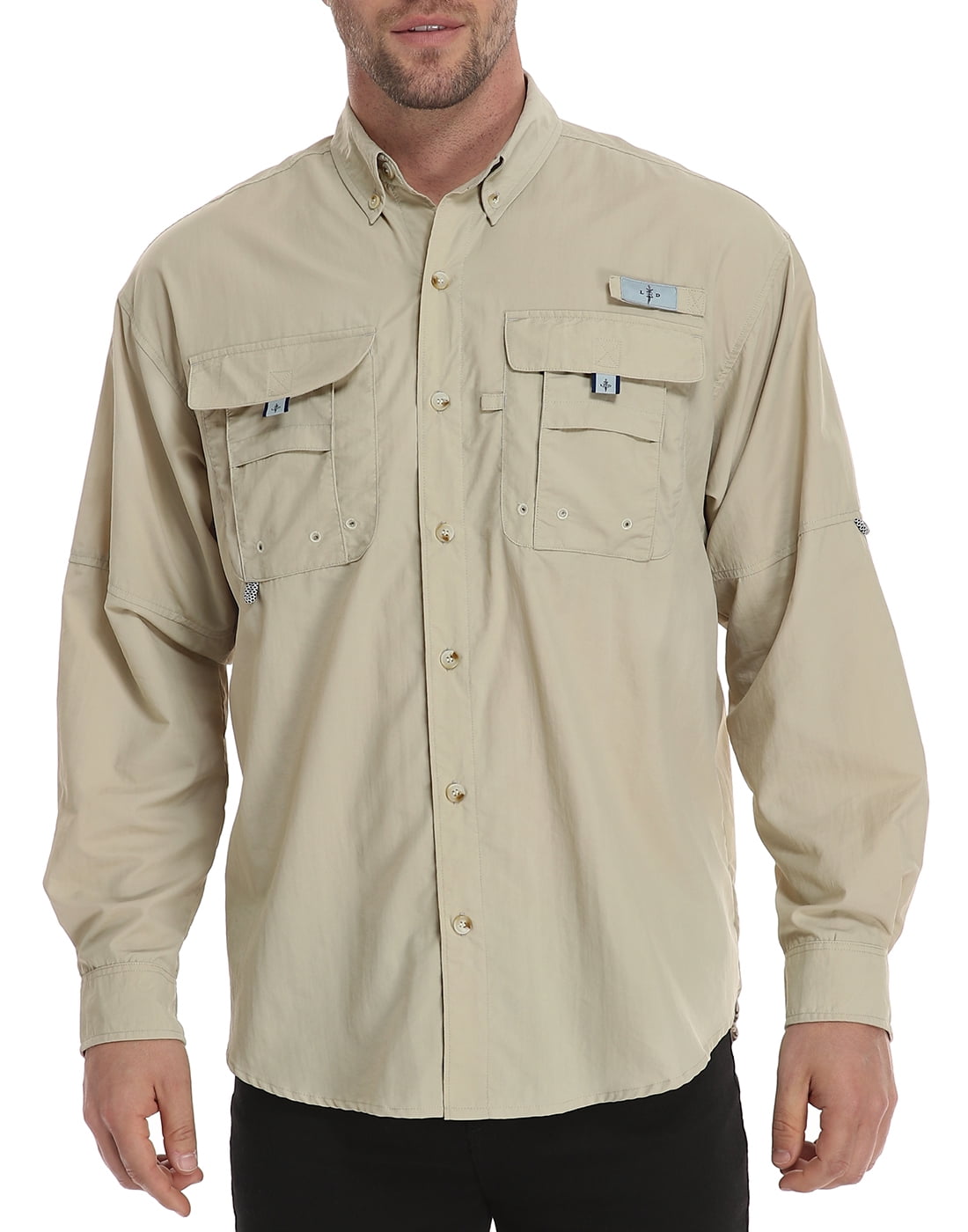 LRD Men's UPF 30 Long Sleeve Button Down Fishing Shirts Khaki