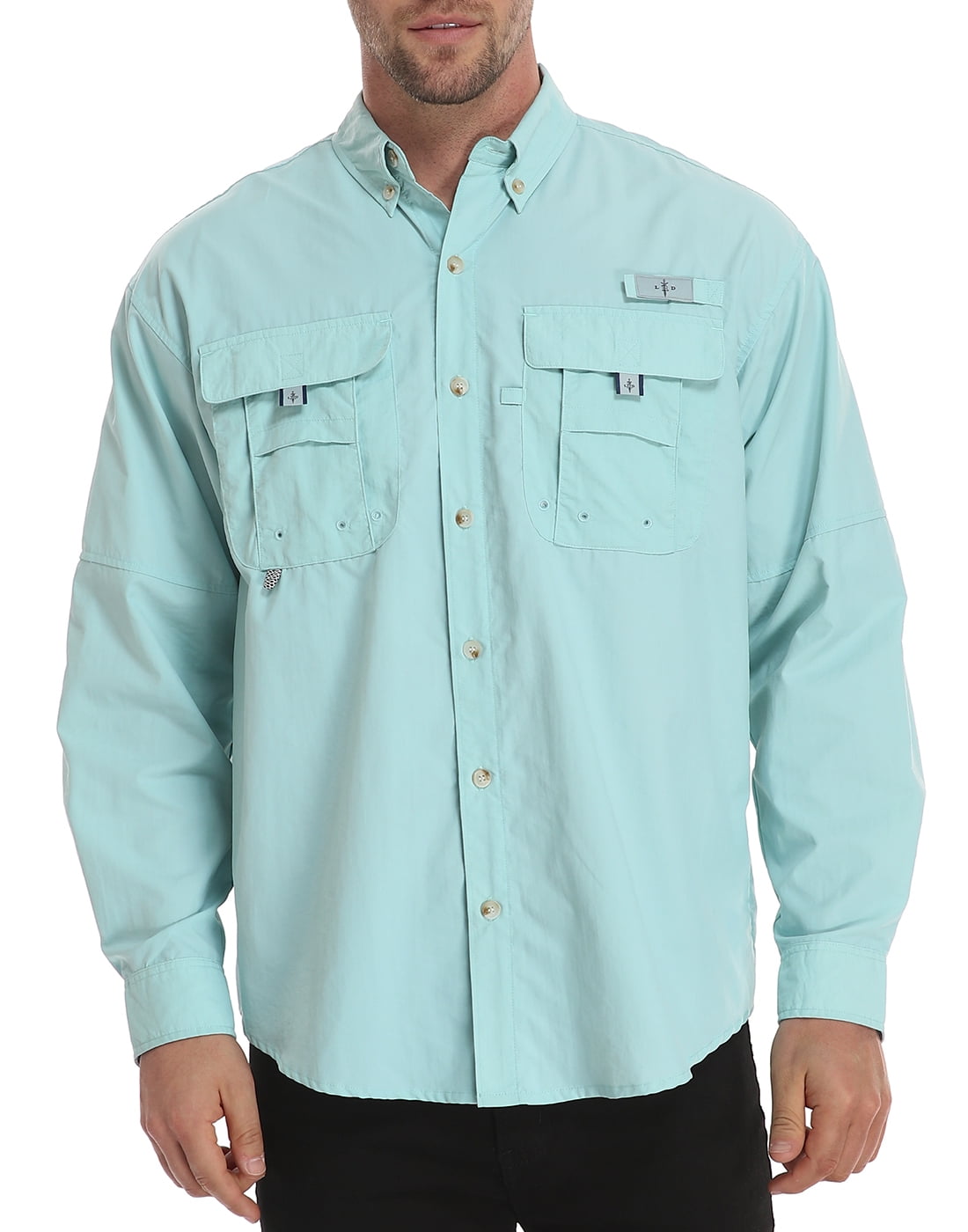 LRD Men's UPF 30 Long Sleeve Button Down Fishing Shirts Light Blue