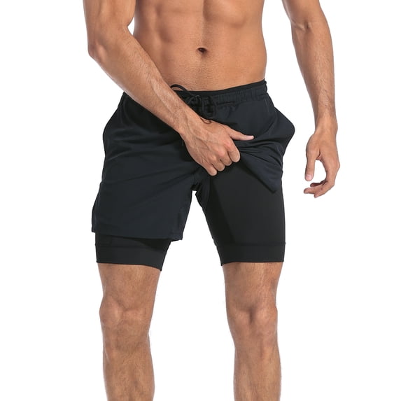 LRD Men's Workout Shorts with Compression Liner 5 Inch Inseam Black / Black L