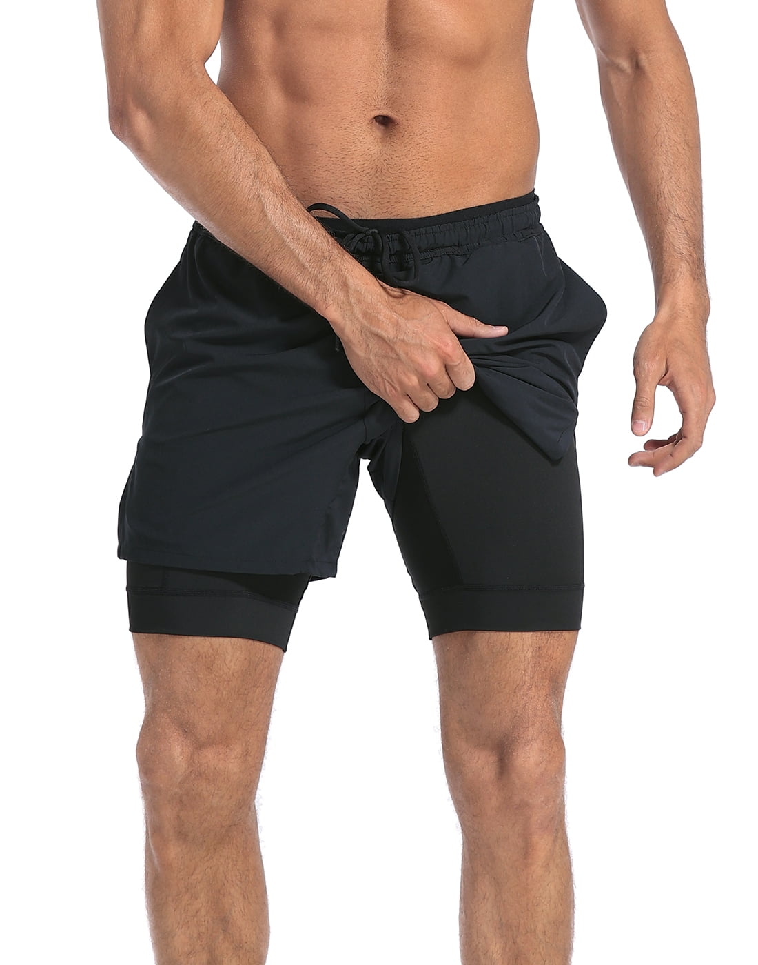 LRD Men's Workout Shorts with Compression Liner 5 Inch Inseam Black / Black  M