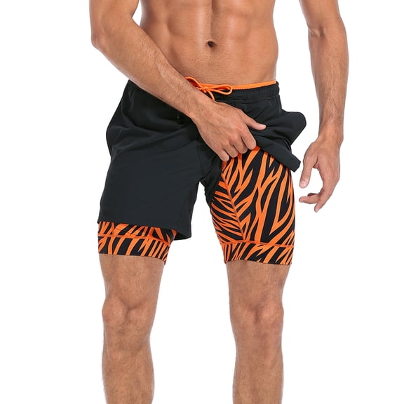 LRD Men's Workout Shorts with Compression Liner 5 Inch Inseam Black / Orange Tiger XXL