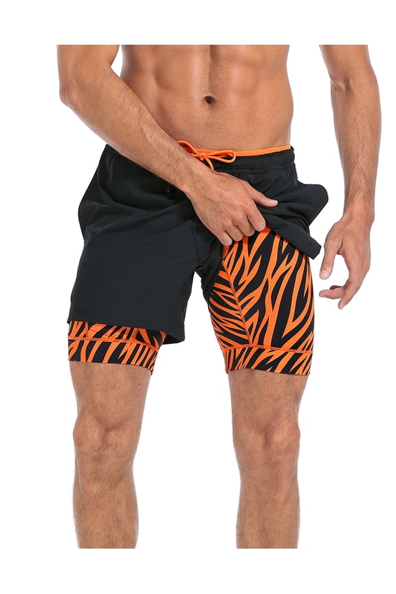 Men's Workout Shorts with Compression Liner 5 Inch Inseam Black / Orange Tiger XXL