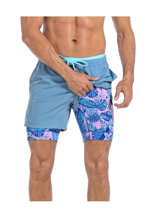 Men's Workout Shorts with Compression Liner 5 Inch Inseam Blue / Neon Toucans XXL