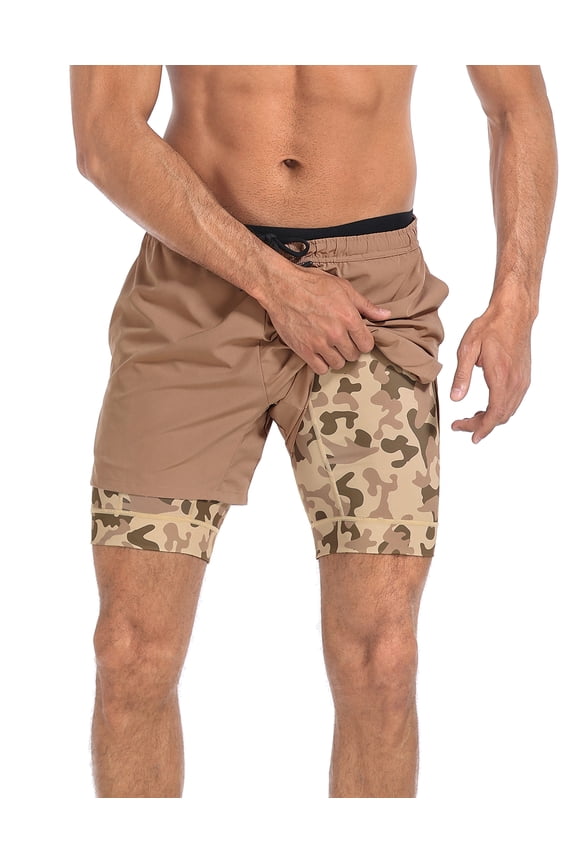 Men's Workout Shorts with Compression Liner 5 Inch Inseam Khaki / Camo XXL