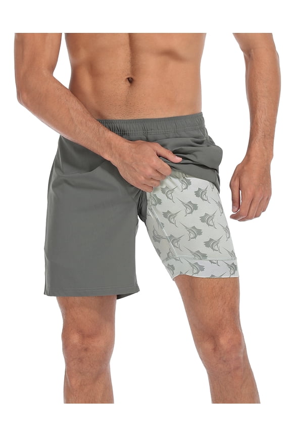 Mens Athletic Workout Shorts with Compression Liner 7 inch Inseam Gray / Sailfish L