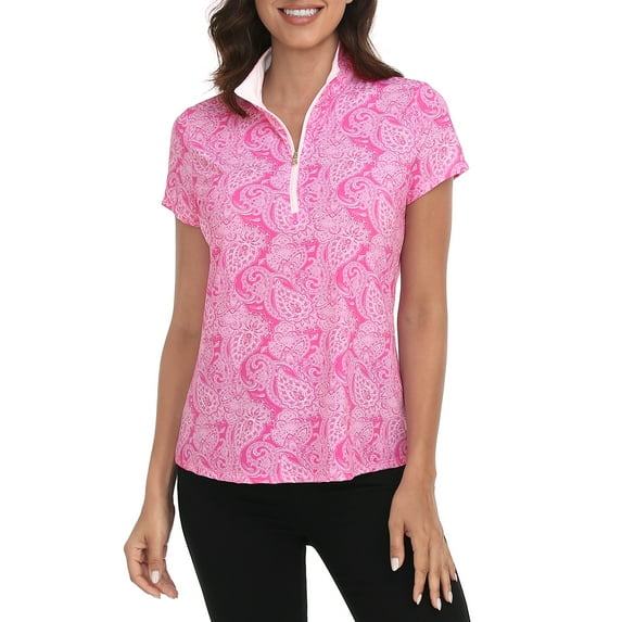 LRD Women's Short Sleeve Golf Polo Shirts UPF 30 Pink Paisley / White S