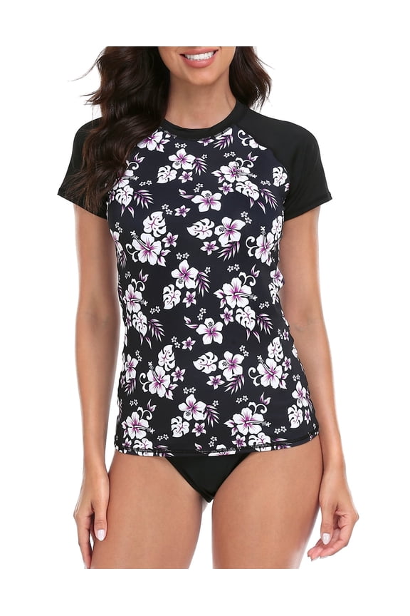 Women's Short Sleeve Rash Guard Shirts UPF 50 Swim Shirt Black Aloha L