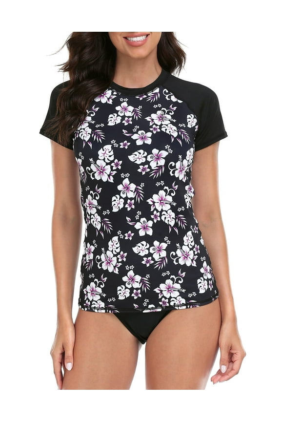 Women's Short Sleeve Rash Guard Shirts UPF 50 Swim Shirt Black Aloha XL