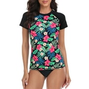LRD Women's Short Sleeve Rash Guard Shirts UPF 50 Swim Shirt Black Tropical Floral XL