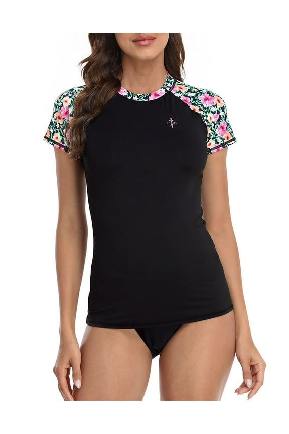 Women's Short Sleeve Rash Guard Shirts UPF 50 Swim Shirt Black Tropical - S