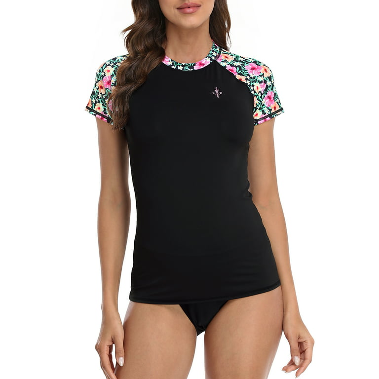 LRD Women's Short Sleeve Rash Guard Shirts UPF 50 Swim Shirt Black Tropical  - XL