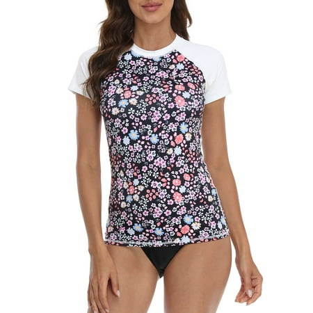 LRD Women's Short Sleeve Rash Guard Shirts UPF 50 Swim Shirt Dark Ditsy Floral - L