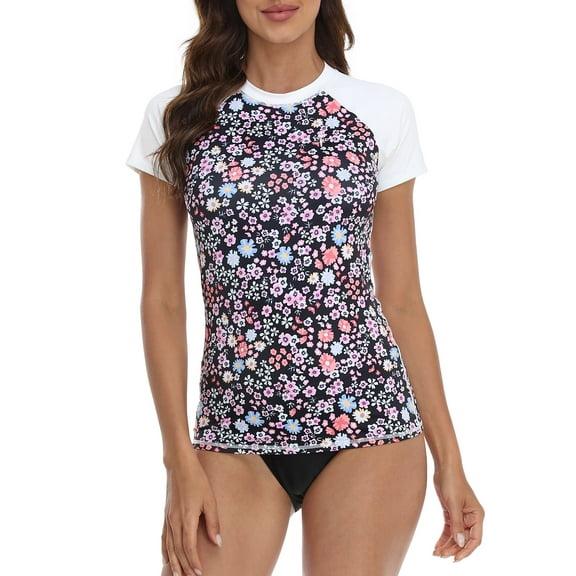 LRD Women's Short Sleeve Rash Guard Shirts UPF 50 Swim Shirt Dark Ditsy Floral - M