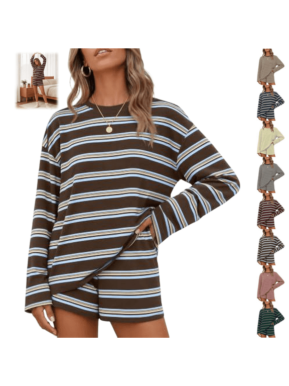 2 Piece Striped Lounge Set for Women Long Sleeve Tops Casual Wide Leg Shorts Loose Matching Pajamas Outfits