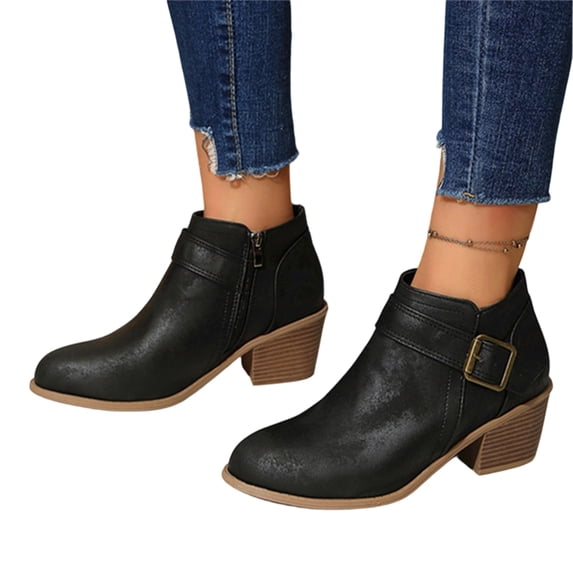 LRGSHF Ankle Boots for Women Low Heel Round Toe Fall Shoes Side Zipper Block Heel Round Toe Faux Leather Short Boots Buckle Strap Casual Ankle Booties
