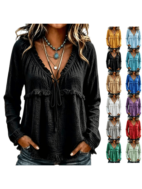Boho Tops for Women Tie‑up V Neck Fringe Long Sleeve Shirts Fall & Spring Tunic Vacation Clothes Lightweight Flowy Crinkle Textured Pullover