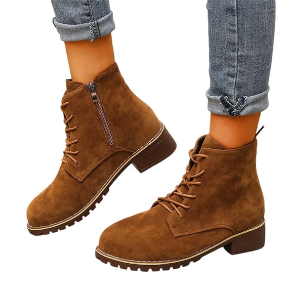 LRGSHF Boots for Women Lace‑up Combat Ankle Boots, Side Zipper Low Block Heel Round Toe Casual Short Booties Non Slip Daily Outdoor Comfortable Walking Shoes