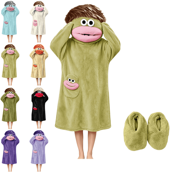 LRGSHF Boys Girls Funny Monster Hooded Wearable Pajamas & Slipper, Soft Loose Long Loungewear with Pocket, Cozy Plush Sleepwear