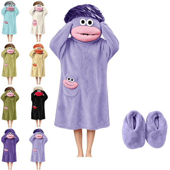 LRGSHF Boys Girls Funny Monster Hooded Wearable Pajamas & Slipper, Soft Loose Long Loungewear with Pocket, Cozy Plush Sleepwear