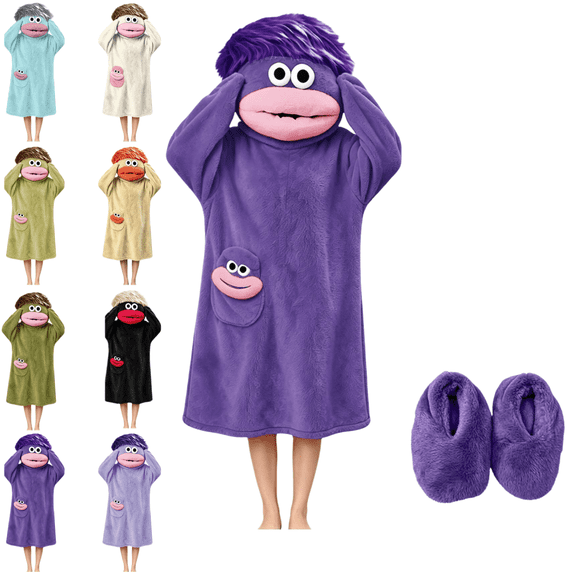 LRGSHF Boys Girls Funny Monster Hooded Wearable Pajamas & Slipper, Soft Loose Long Loungewear with Pocket, Cozy Plush Sleepwear