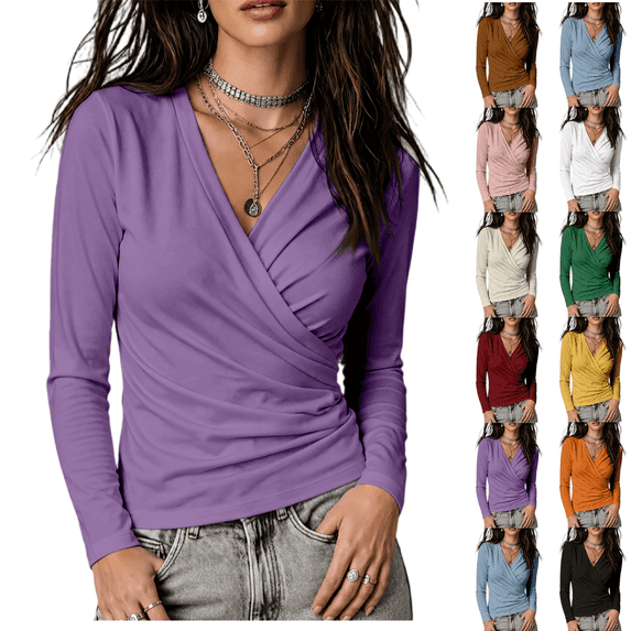 LRGSHF Casual Women Ruched Wrap Long Sleeve Top, V‑Neck Slim‑Fit Stretchy Blouse Tee