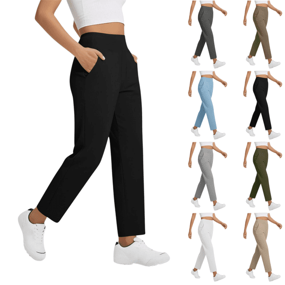 LRGSHF Casual Women Straight‑Leg Cropped Ankle Trousers, High‑Waist Elastic Waistband Pants with Pockets