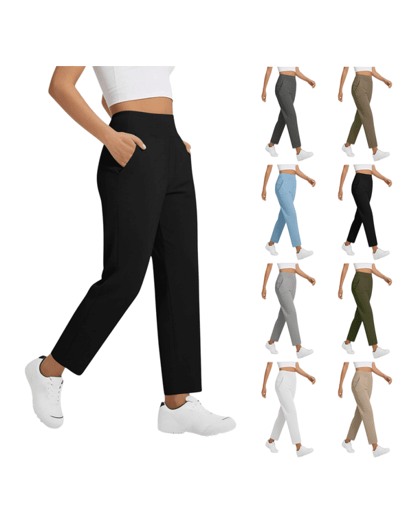 Casual Women Straight‑Leg Cropped Ankle Trousers, High‑Waist Elastic Waistband Pants with Pockets