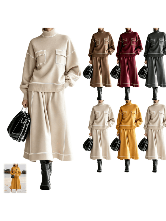 Fall Outfits For Women Knit 2‑Piece Outfit Set, Turtleneck Long Sleeve Sweater Top & Elastic Waist Midi Skirt, Loose Fall Winter Coordinated Suit