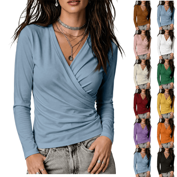 LRGSHF Fall Tops for Women Wrap V Neck Long Sleeve Shirts Solid Color Wrap Ruched Casual Slim Fit Basic Tee Shirts