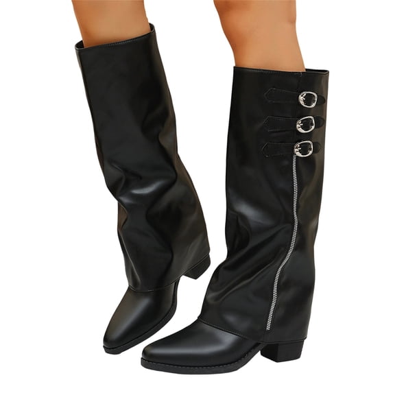 LRGSHF Knee High Boots for Women, Buckle Decor Wide Calf Shoes,Side Zipper Block Heel Pointed Toe Faux Leather Tall Boots Fall Winter Casual Daily Footwear